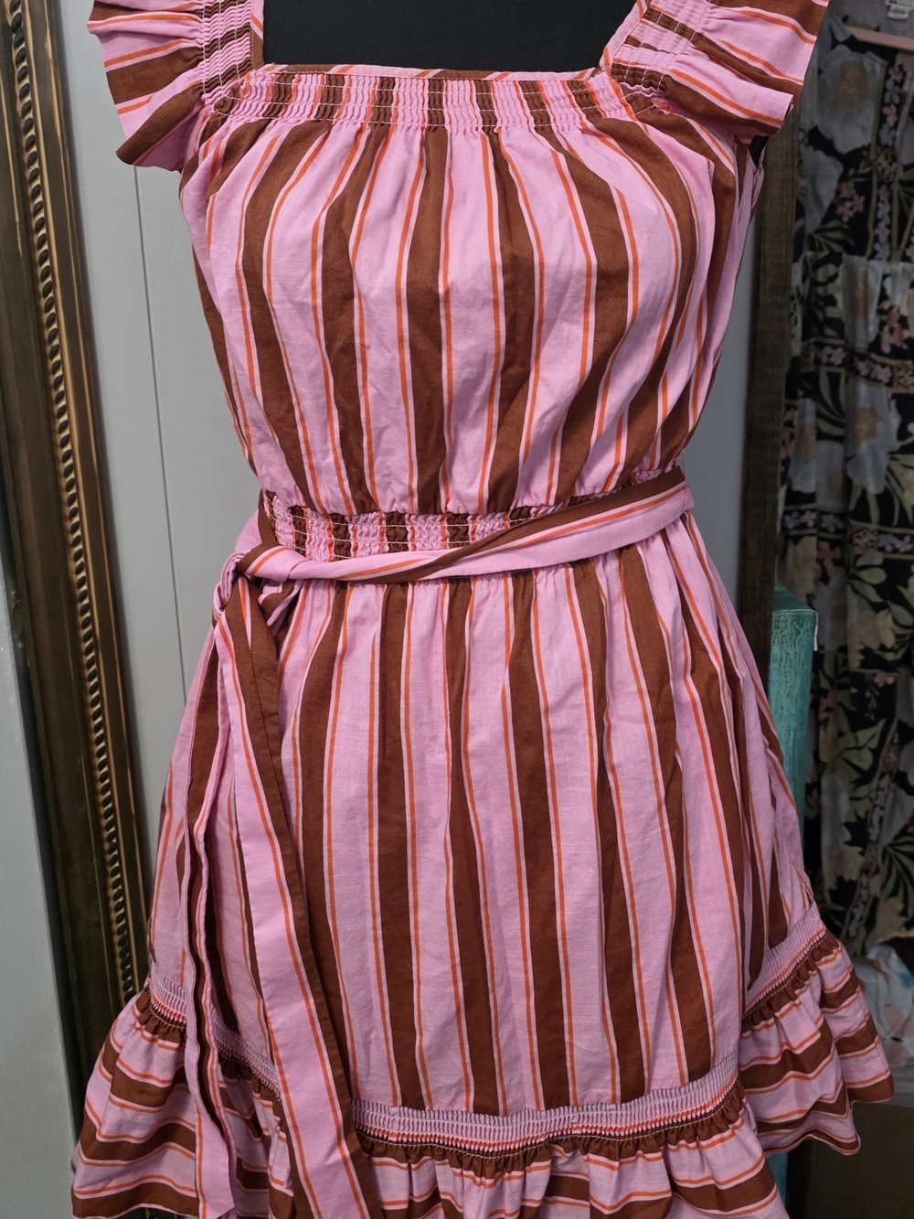 kate spade Pink and Brown Striped Midi Dress with Tie Waist and Ruffled Hem